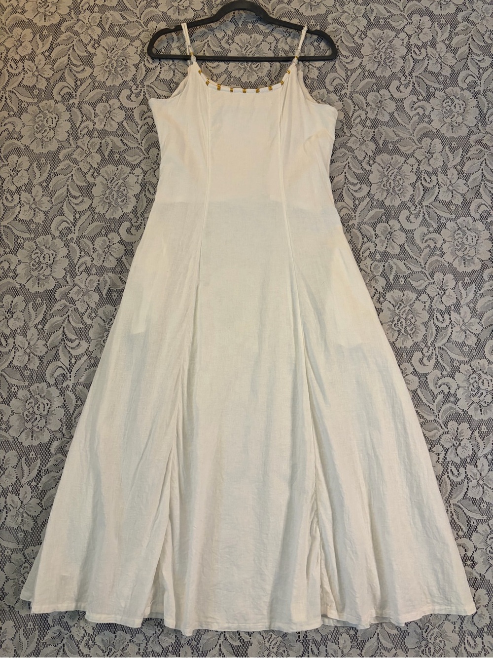Calypso St. Barth Linen Blend Maxi Slip Dress with Gold Tone Beading at Neckline